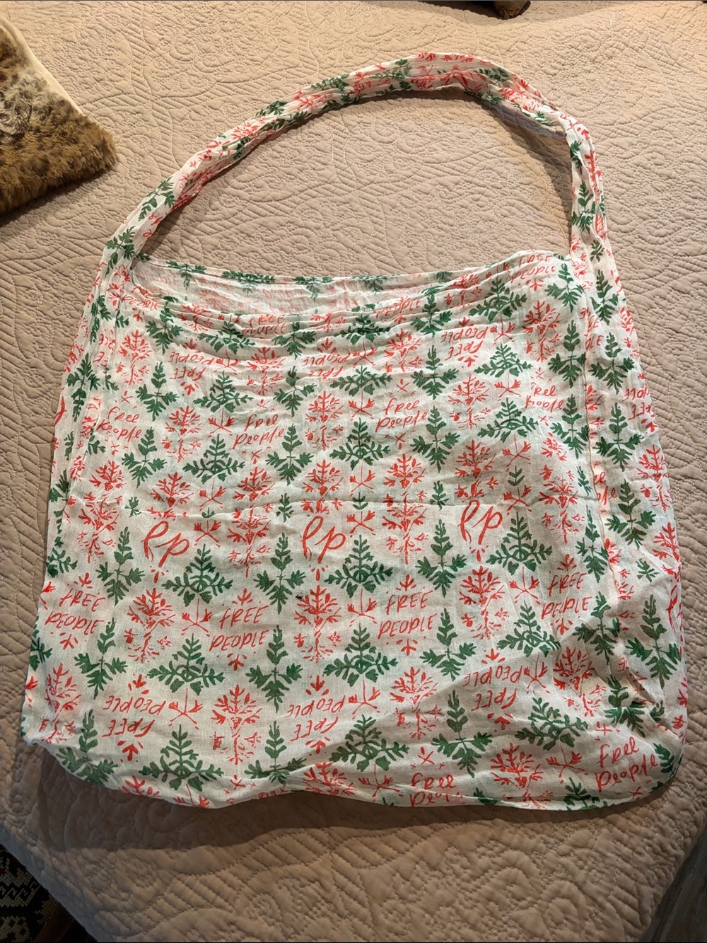 Free People White Canvas Tote with Green & Red Floral Print